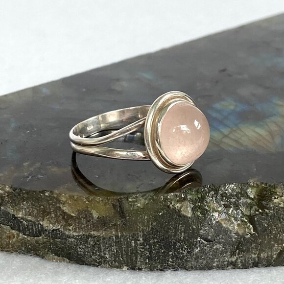 Sterling Silver 925 Round Pink Rose Quartz Cabochon Split Shank Ring Size 8.5 - Picture 3 of 16
